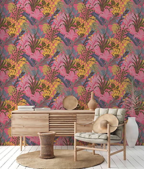 Ikke-vævet tapet blomster Profhome 378602-gu lidt tekstureret mat färg lyserød fuchsia gul blå 5,33 m2