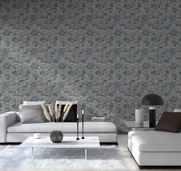 Non woven-tapet geometrisk Profhome 378634-GU slät glittrande mönster matt bakgrund färg blå guld svart 5,33 m2