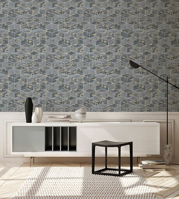 Non woven-tapet geometrisk Profhome 378634-GU slät glittrande mönster matt bakgrund färg blå guld svart 5,33 m2