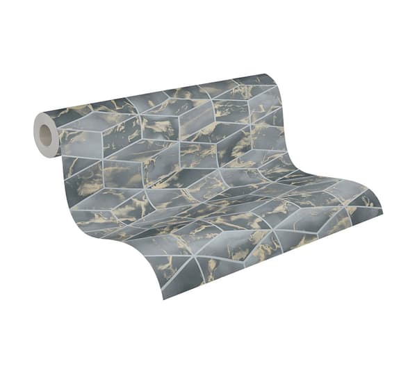 Non woven-tapet geometrisk Profhome 378634-GU slät glittrande mönster matt bakgrund färg blå guld svart 5,33 m2
