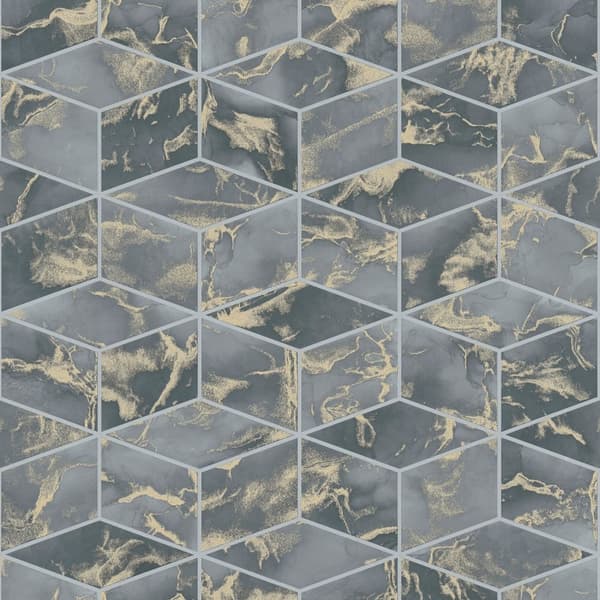 Non woven-tapet geometrisk Profhome 378634-GU slät glittrande mönster matt bakgrund färg blå guld svart 5,33 m2