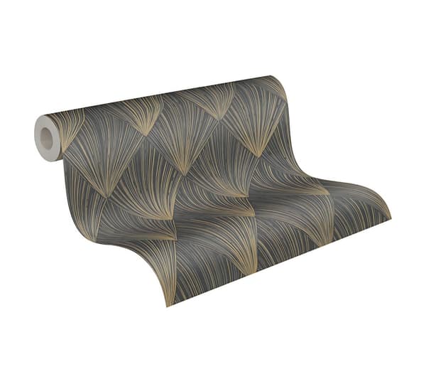 Non woven-tapet geometrisk Profhome 378644-GU lätt texturerad glansigt mönster matt bakgrund färg svart guld grå 5,33 m2
