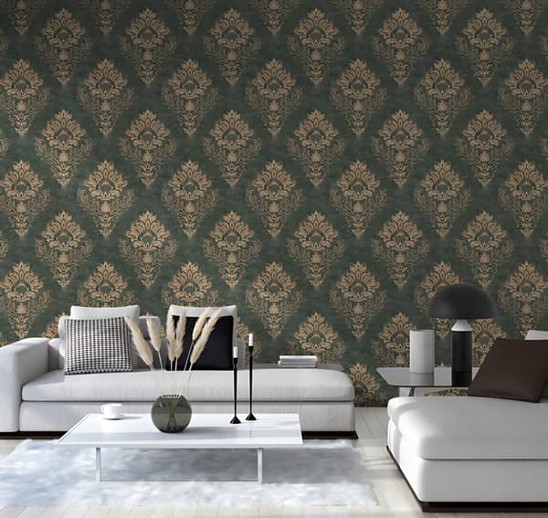 Non woven-tapet ornament Profhome 379011-GU lätt texturerad matt färg grön guld 5,33 m2