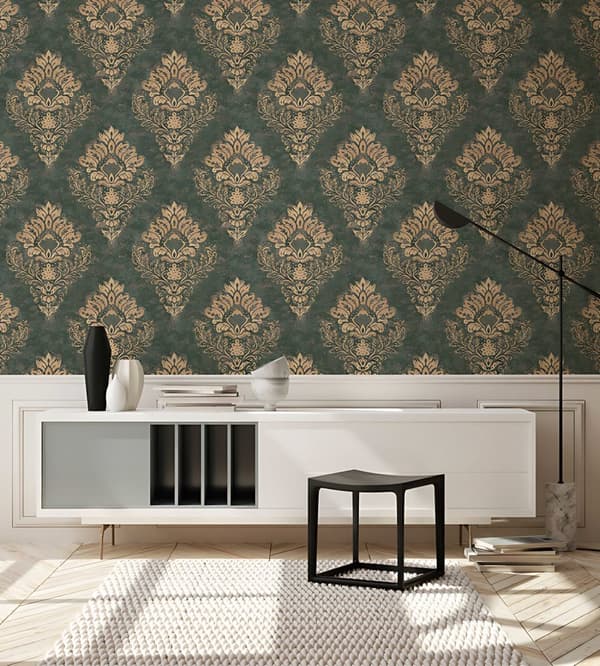 Non woven-tapet ornament Profhome 379011-GU lätt texturerad matt färg grön guld 5,33 m2