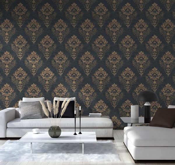 Non woven-tapet ornament Profhome 379012-GU lätt texturerad matt färg blå guld 5,33 m2
