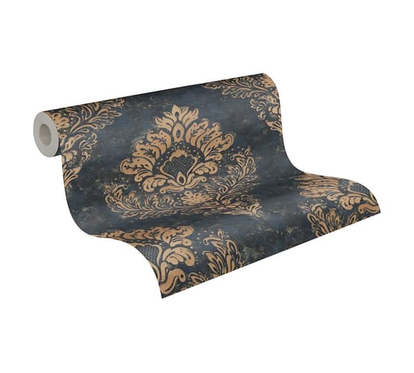 Non woven-tapet ornament Profhome 379012-GU lätt texturerad matt färg blå guld 5,33 m2