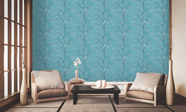 Ikke-vævet tapet blomster Profhome 379123-gu lidt tekstureret mat färg turkis lyserød sort grå 5,33 m2
