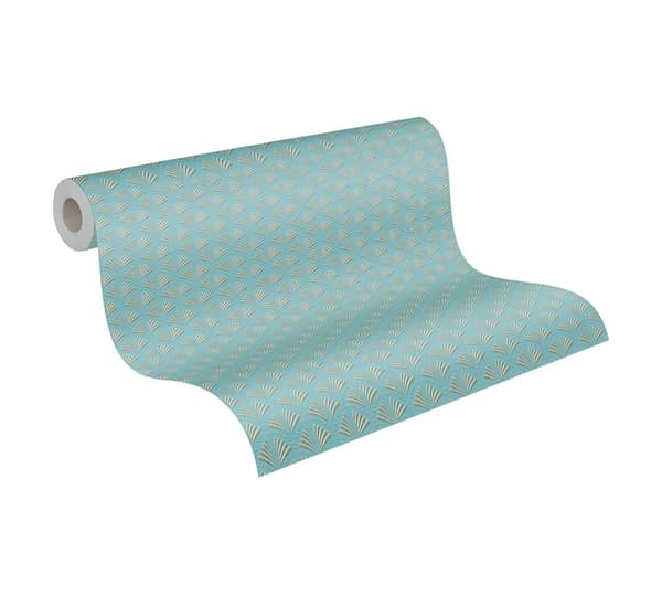 Non woven-tapet ornament Profhome 379574-GU lätt texturerad glansigt mönster matt bakgrund färg turkos guld blå 5,33 m2