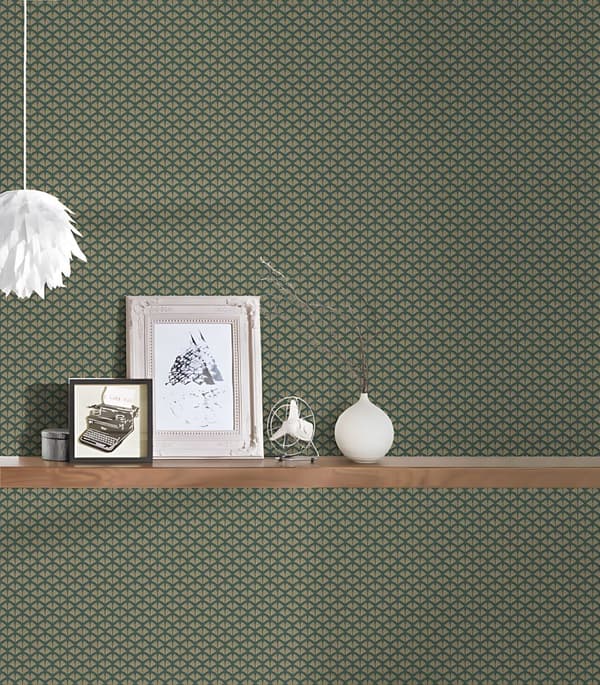 Non woven-tapet ornament Profhome 379585-GU slät glansigt mönster matt bakgrund färg grön guld 5,33 m2