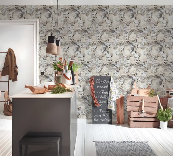 Non woven-tapet blomster Profhome 380083-GU slät matt färg grå beige gul 5,33 m2