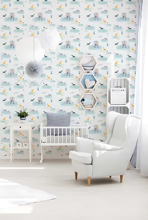 Non woven-tapet djur mönster Profhome 381141-GU lätt texturerad matt färg vit grön grå gul 5,33 m2