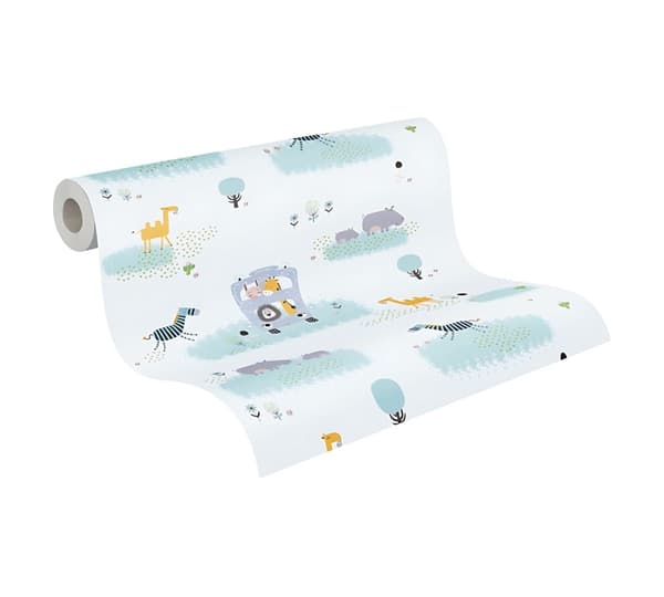 Non woven-tapet djur mönster Profhome 381141-GU lätt texturerad matt färg vit grön grå gul 5,33 m2