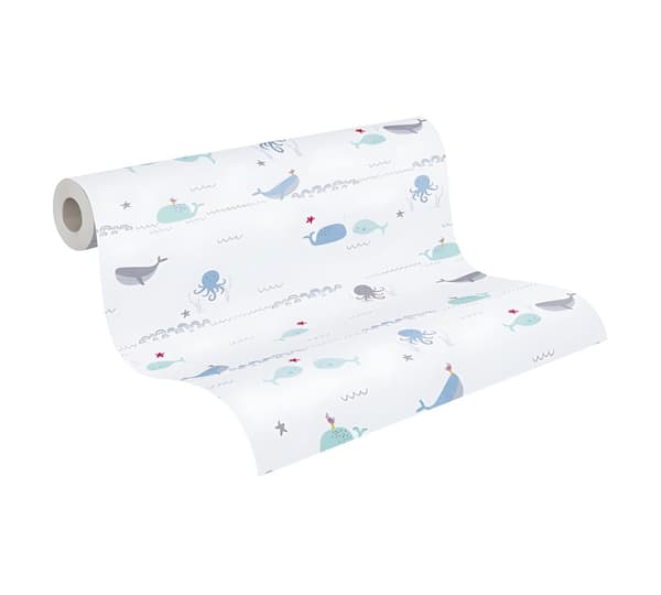 Non woven-tapet djur mönster Profhome 381301-GU lätt texturerad matt färg blå grå vit grön 5,33 m2