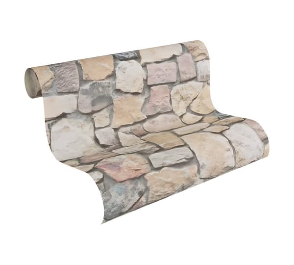 Papir tapet sten imitation Profhome 692412-gu lidt tekstureret mat färg beige grå beige rød 5,33 m2
