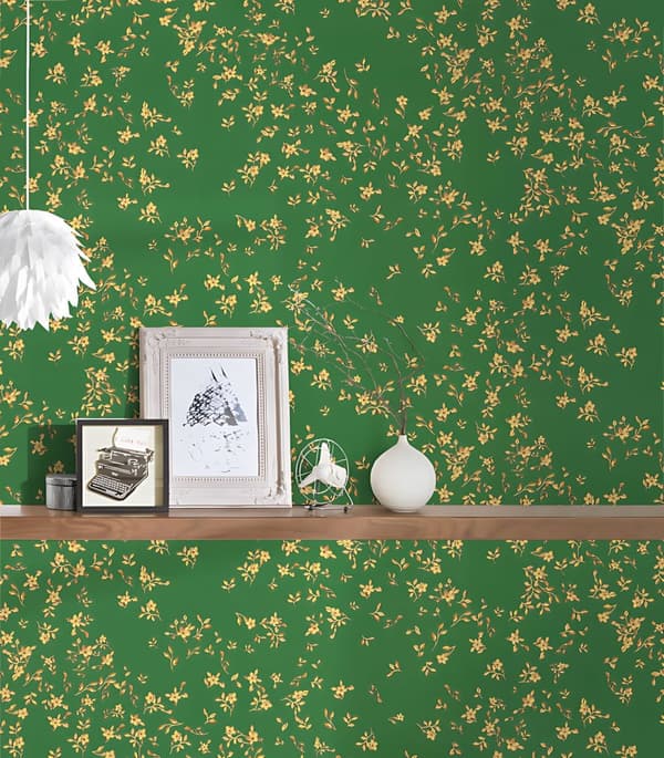 Non woven-tapet blomster Profhome 935856-GU lätt texturerad glansigt färg grön guld gul 7,04 m2