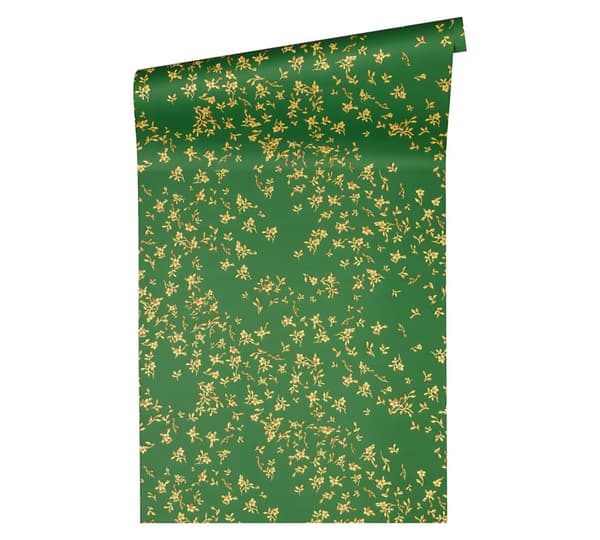 Non woven-tapet blomster Profhome 935856-GU lätt texturerad glansigt färg grön guld gul 7,04 m2