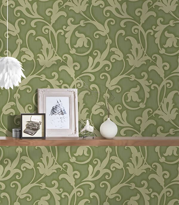 Textiltapet barock Profhome 954904-GU texturerad matt färg grön oliv grön guld 5,33 m2