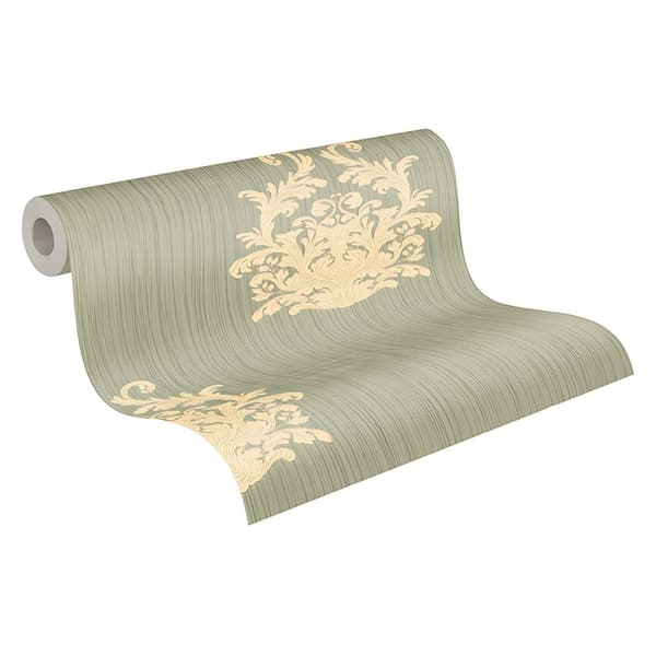 Non woven-tapet ornament Profhome 958612-GU lätt texturerad matt färg grön guld 7,04 m2