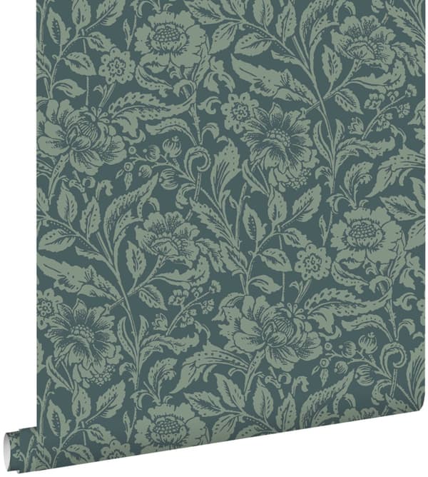 ESTAhome tapet vintage blommor mörkblått och grågrönt 0.53 x 10.05 m