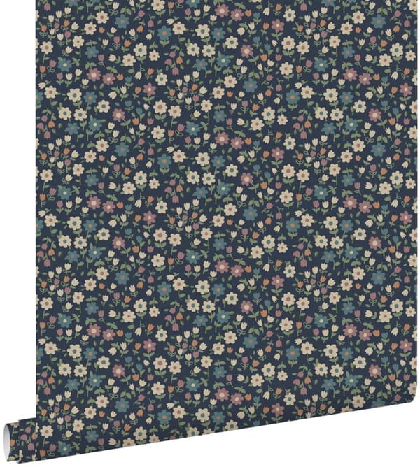 ESTAhome tapet blommor mörkblått, syrénrosa och grågrönt 0.53 x 10.05 m