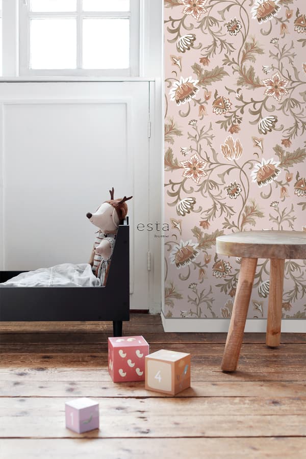 ESTAhome tapet vintage blomster antikrosa, terracotta rød og grønt 0.53 x 10.05 m