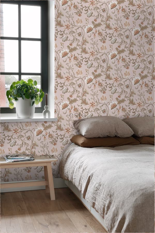 ESTAhome tapet vintage blomster antikrosa, terracotta rød og grønt 0.53 x 10.05 m