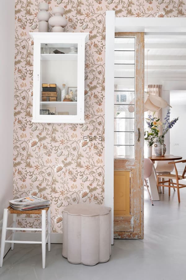 ESTAhome tapet vintage blomster antikrosa, terracotta rød og grønt 0.53 x 10.05 m