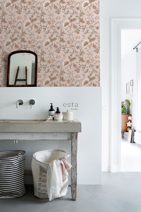ESTAhome tapet vintage blomster antikrosa, terracotta rød og grønt 0.53 x 10.05 m