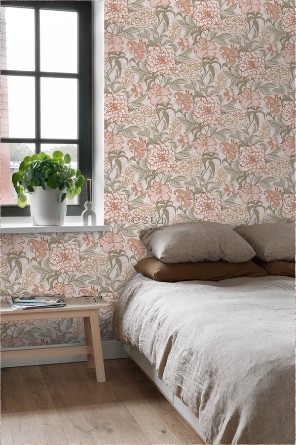 ESTAhome tapet vintage blomster antikrosa og grønt 0.53 x 10.05 m