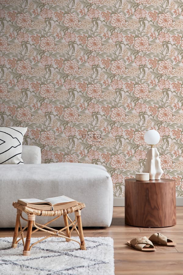 ESTAhome tapet vintage blomster antikrosa og grønt 0.53 x 10.05 m