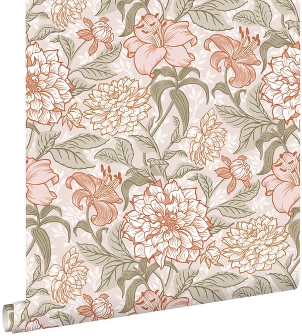ESTAhome tapet vintage blomster antikrosa og grønt 0.53 x 10.05 m