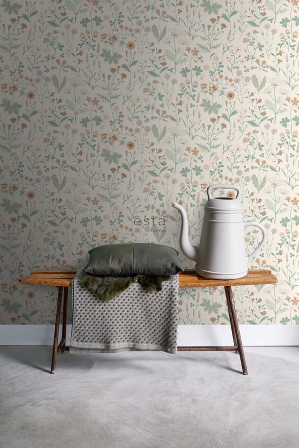 ESTAhome tapet vilda blommor grönt, terrakottaröd och syrénlila 0.53 x 10.05 m