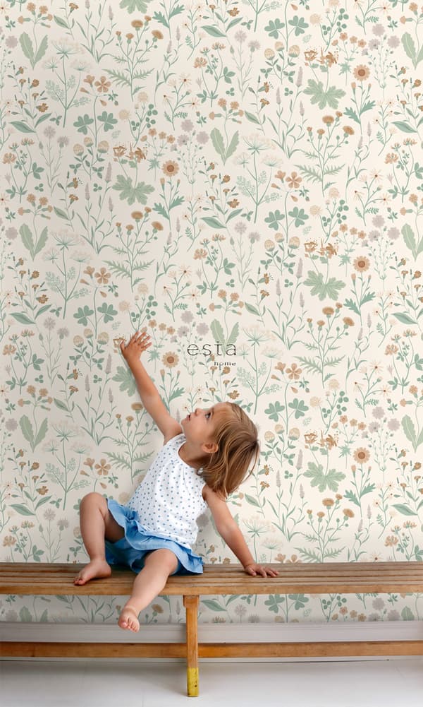 ESTAhome tapet vilda blommor grönt, terrakottaröd och syrénlila 0.53 x 10.05 m