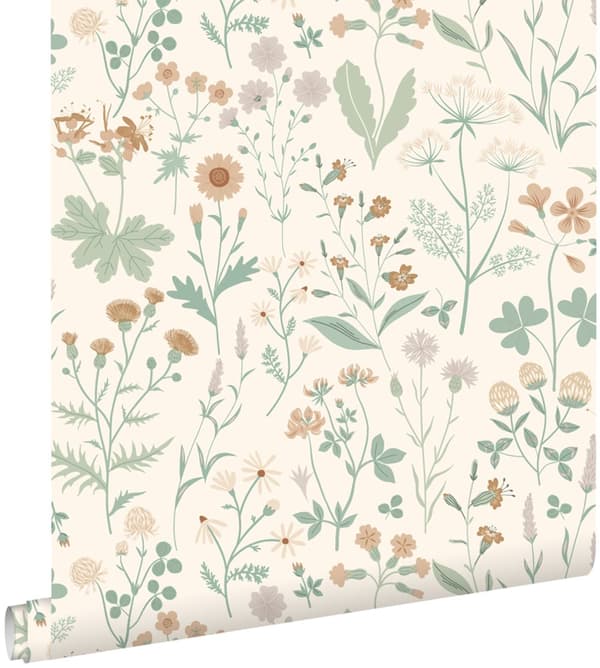 ESTAhome tapet vilda blommor grönt, terrakottaröd och syrénlila 0.53 x 10.05 m