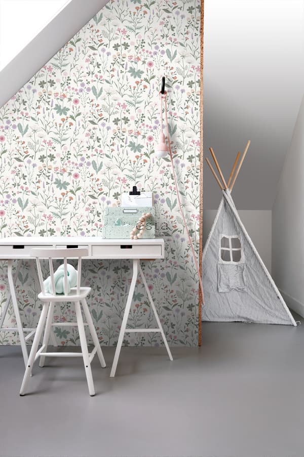 ESTAhome tapet vilde blomster lilla, lyserødt og grønt 0.53 x 10.05 m
