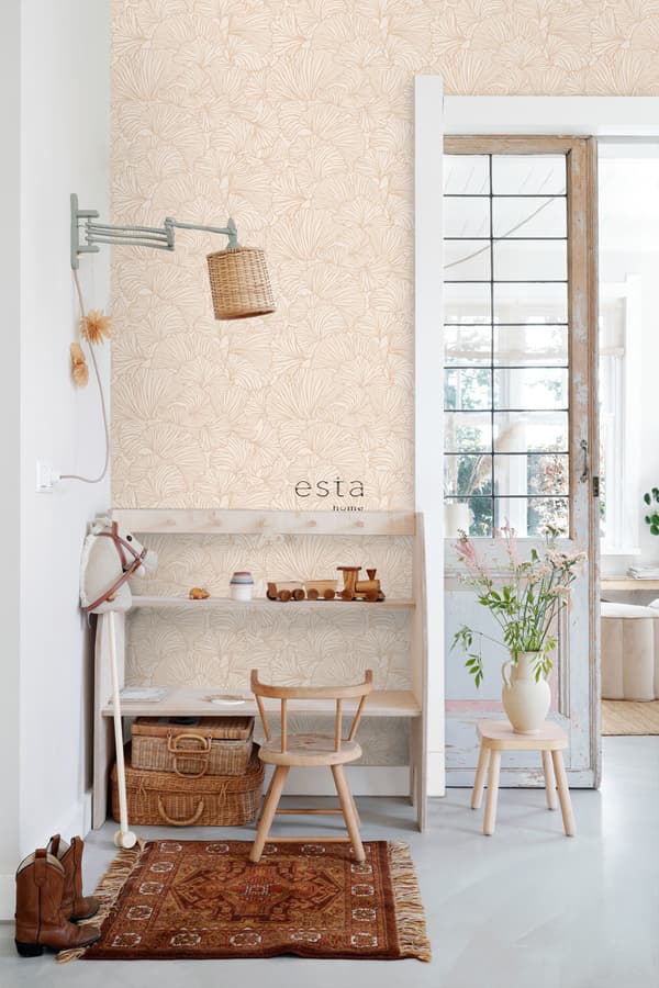 ESTAhome tapet ginkgoblade sandfarvet og lys terracotta rød 0.53 x 10.05 m