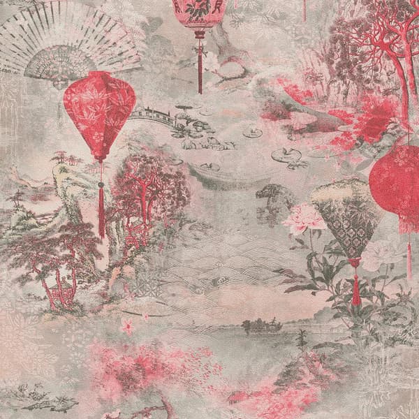 AS Creation Asian Fusion Lantern Wallpaper Pink/Grey 32.1ft x 21in