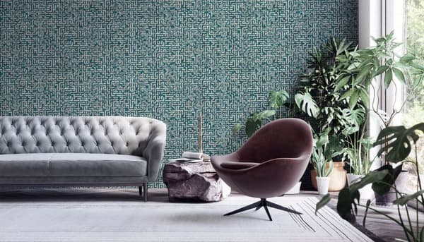 Non woven-tapet metalliska höjdpunkter Profhome 386953-GU texturerad glittrande mönster matt bakgrund färg turkos guld teal silver 5,33 m2