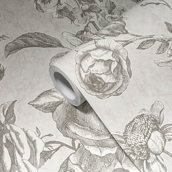 Ikke-vævet tapet toile de Jouy Profhome 387001-GU lidt tekstureret mat farve fløde lysegrå mørkegrå hvid 5,33 m2