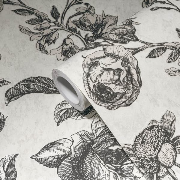 Non woven-tapet Toile de Jouy Profhome 387002-GU lätt texturerad glittrande mönster matt bakgrund färg grädde ostron vit svart grå 5,33 m2