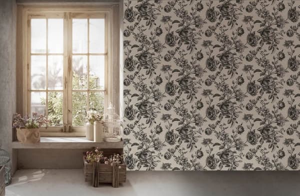 Non woven-tapet Toile de Jouy Profhome 387002-GU lätt texturerad glittrande mönster matt bakgrund färg grädde ostron vit svart grå 5,33 m2