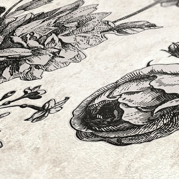 Non woven-tapet Toile de Jouy Profhome 387002-GU lätt texturerad glittrande mönster matt bakgrund färg grädde ostron vit svart grå 5,33 m2