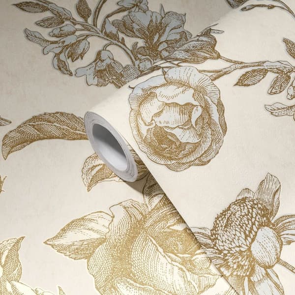 Non woven-tapet Toile de Jouy Profhome 387003-GU lätt texturerad glittrande mönster matt bakgrund färg grädde ljus elfenben guld 5,33 m2