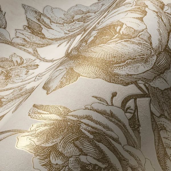 Non woven-tapet Toile de Jouy Profhome 387003-GU lätt texturerad glittrande mönster matt bakgrund färg grädde ljus elfenben guld 5,33 m2
