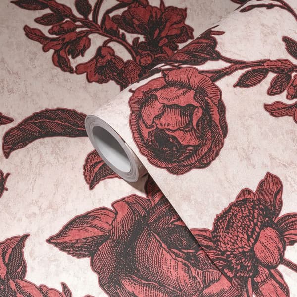 Non woven-tapet Toile de Jouy Profhome 387004-GU lätt texturerad matt färg rosa röd svart 5,33 m2