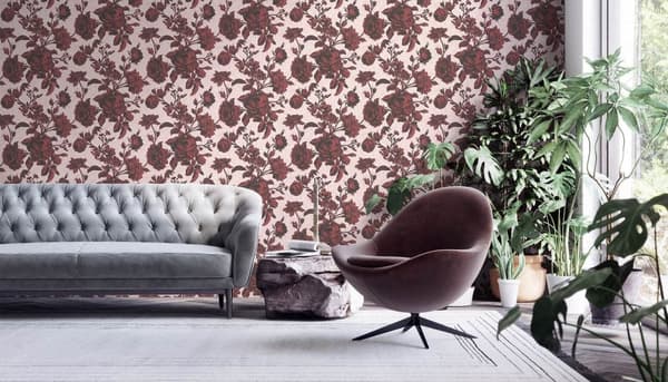 Non woven-tapet Toile de Jouy Profhome 387004-GU lätt texturerad matt färg rosa röd svart 5,33 m2