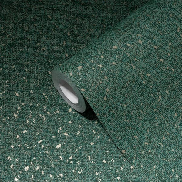 Non woven-tapet tyg utseende Profhome 387021-GU lätt texturerad skimrande färg grön guld 5,33 m2