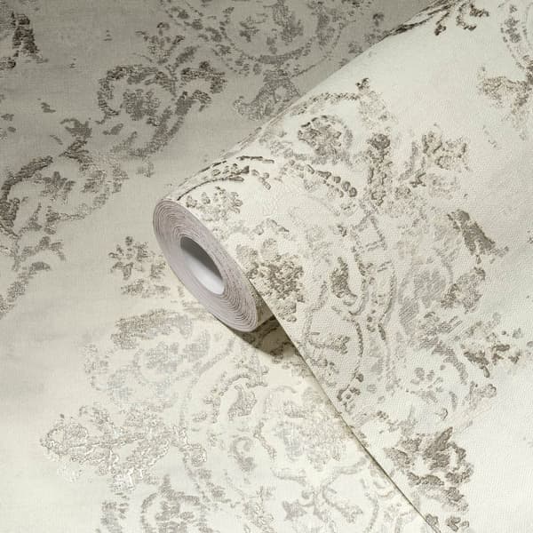 Non woven-tapet romantisk Profhome 387072-GU lätt texturerad glansigt mönster matt bakgrund färg grädde platina pärla beige grå 5,33 m2