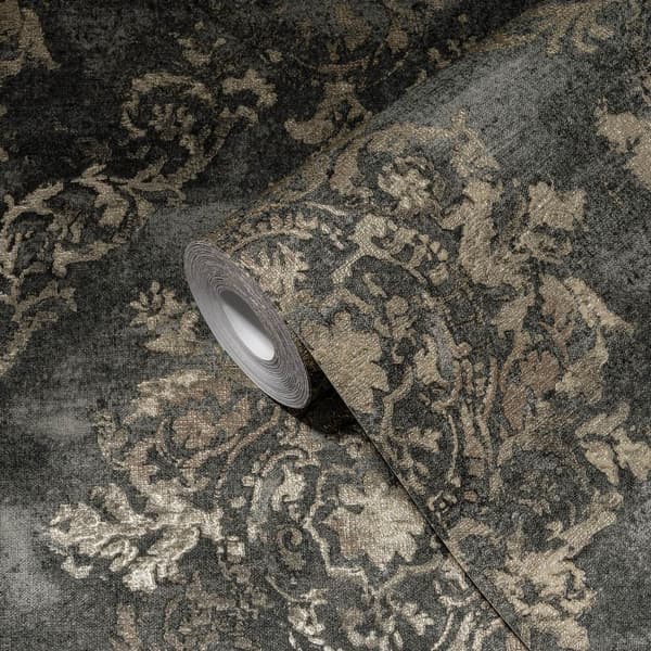 Non woven-tapet romantisk Profhome 387074-GU lätt texturerad glansigt mönster matt bakgrund färg antracit guld svart grå 5,33 m2