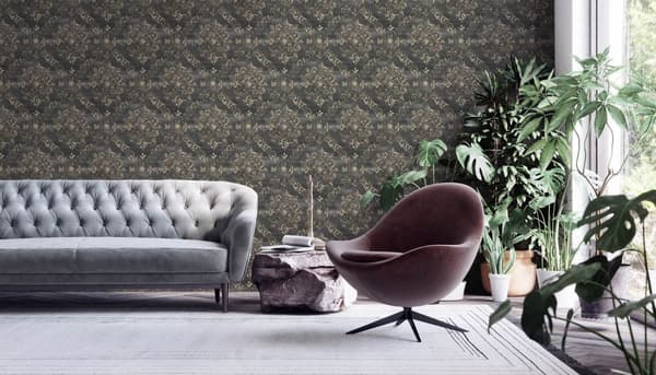 Non woven-tapet romantisk Profhome 387074-GU lätt texturerad glansigt mönster matt bakgrund färg antracit guld svart grå 5,33 m2